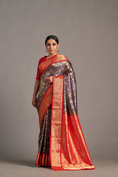 Ink Blue X Red Kanjivaram - Vinay Vastralay