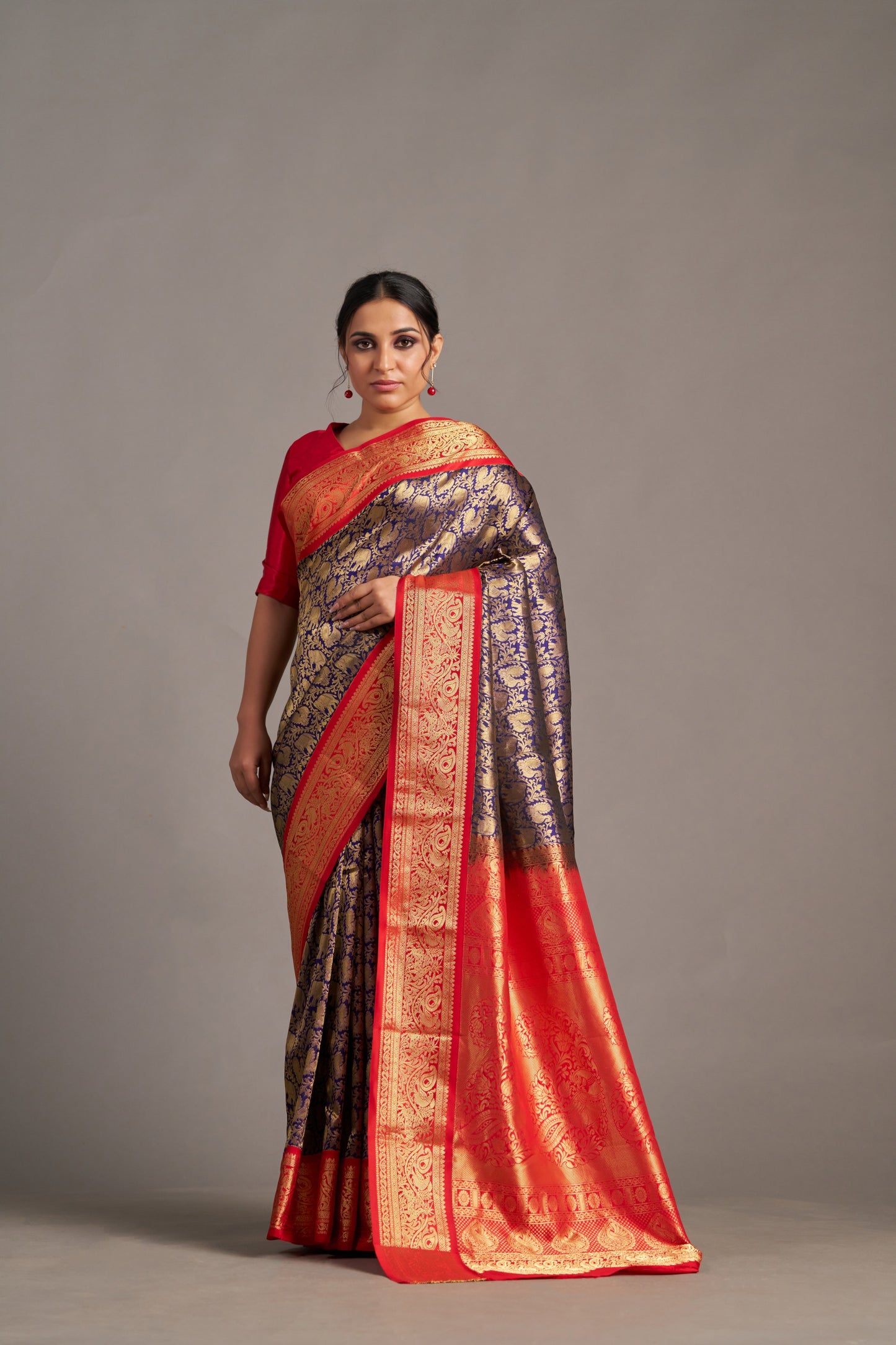 Ink Blue X Red Kanjivaram - Vinay Vastralay