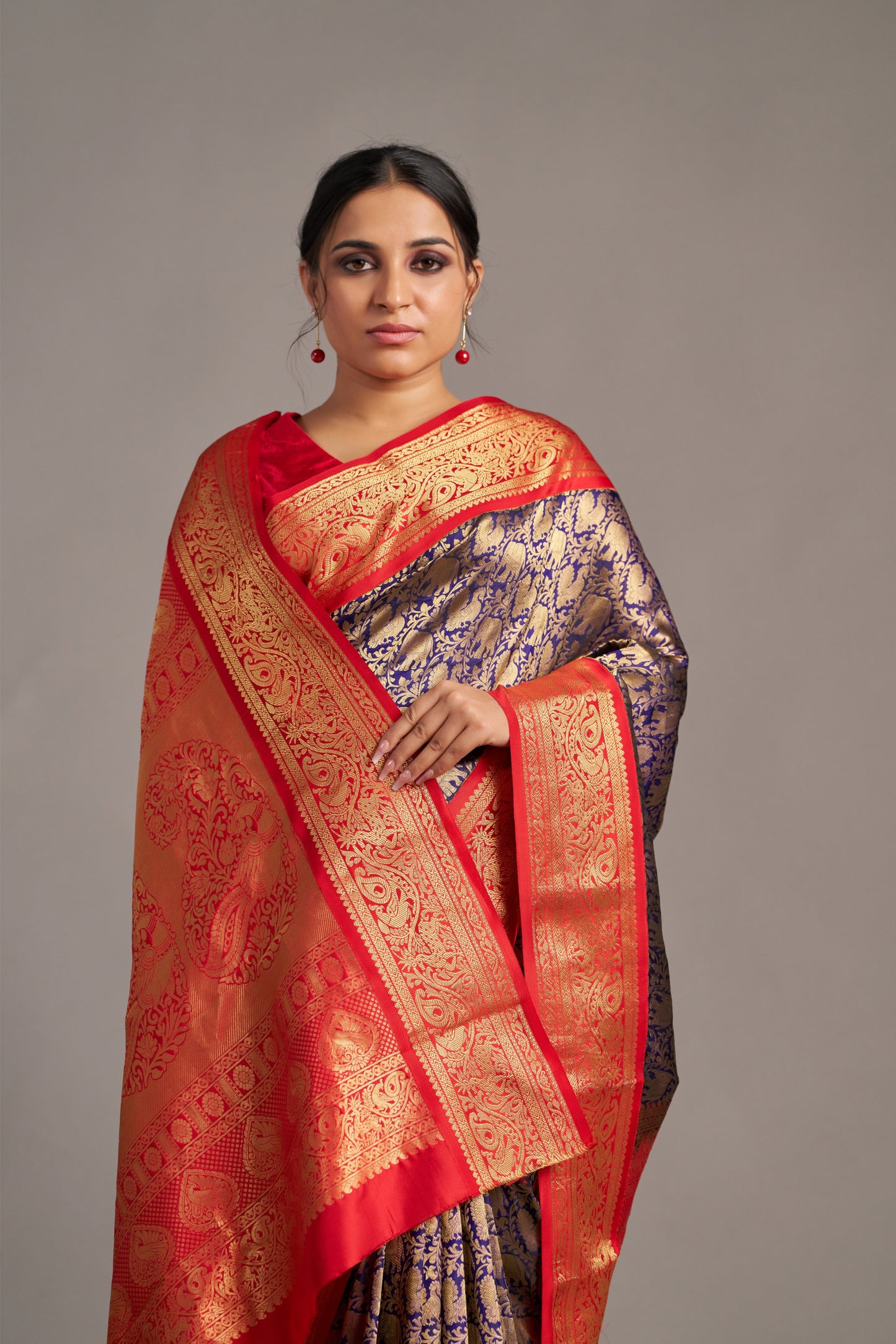 Ink Blue X Red Kanjivaram - Vinay Vastralay